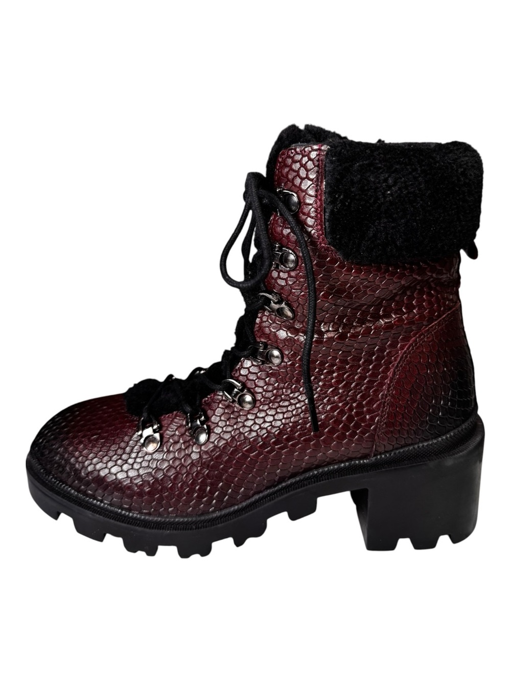NWT Vintage Foundry Co Snakeskin Embossed Leather Faux Fur Combat Boots Wine 8.5